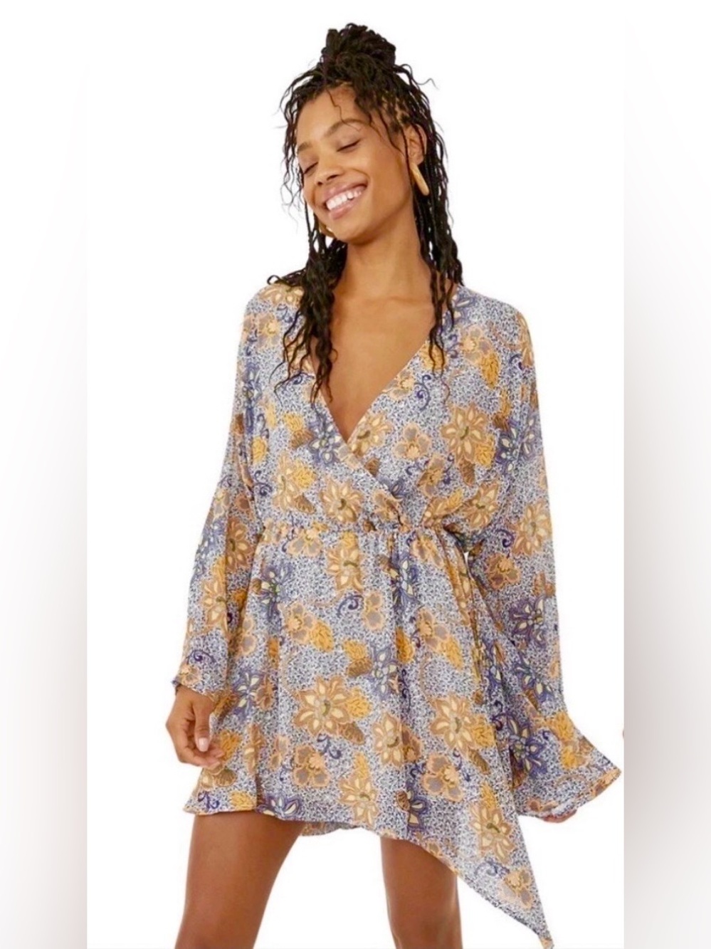 Free People Teegan Asymmetric Faux Wrap Cinch Waist Mini Dress in Sky Combo